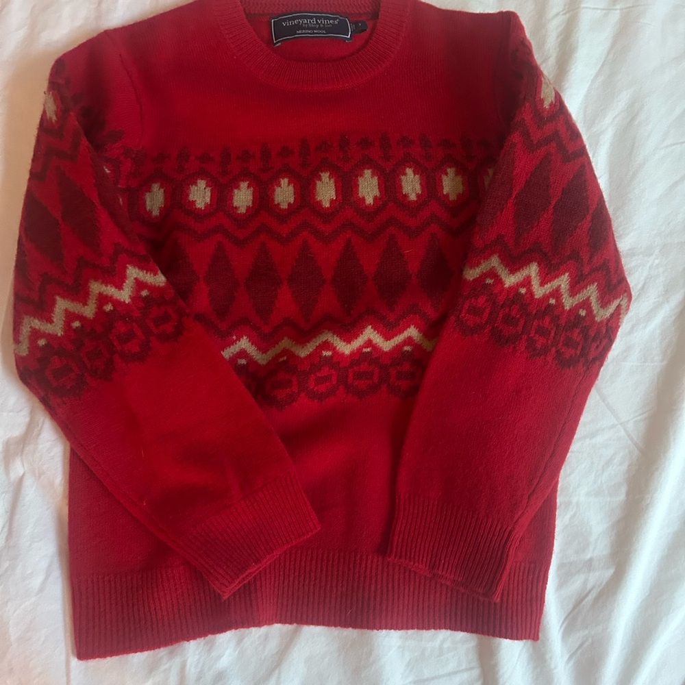 Vineyard Vines Red Fair Isle Crewneck Sweater with Cream Accents